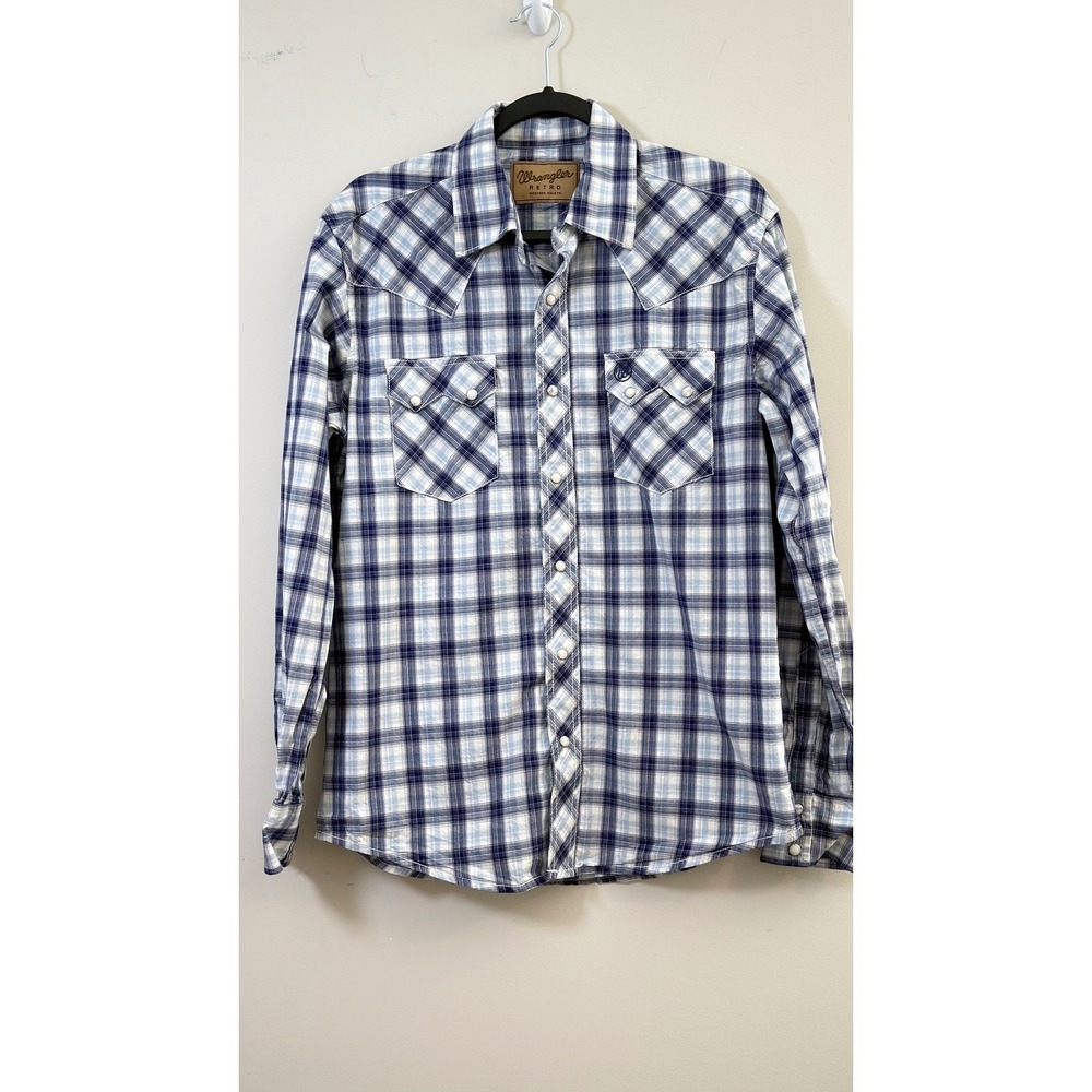 Wrangler Retro Western Shirt Blue Plaid Pearl Snap Men's Medium